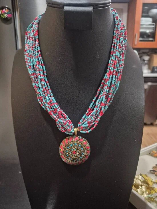Vintage Bohemian style seed bead coral and turquoise necklace - Picture 1 of 7